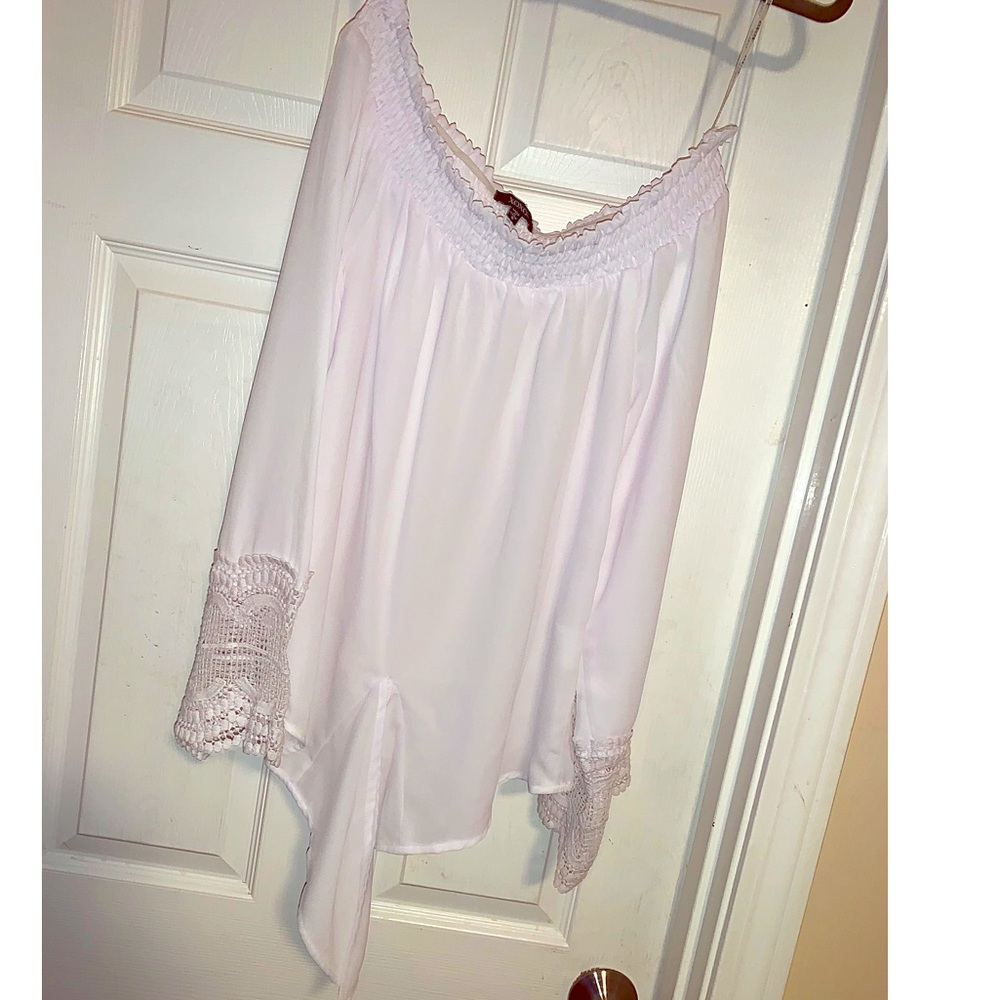 White, Lace sleeve, off the shoulder blouse.